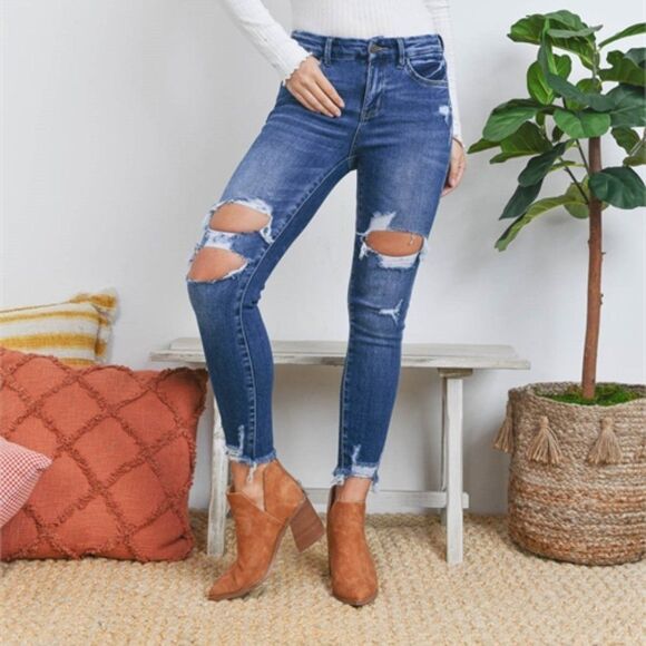 Flying Monkey Denim - Sizes 0-15 DARK DENIM BLUE SKINNY RIPPED JEANS